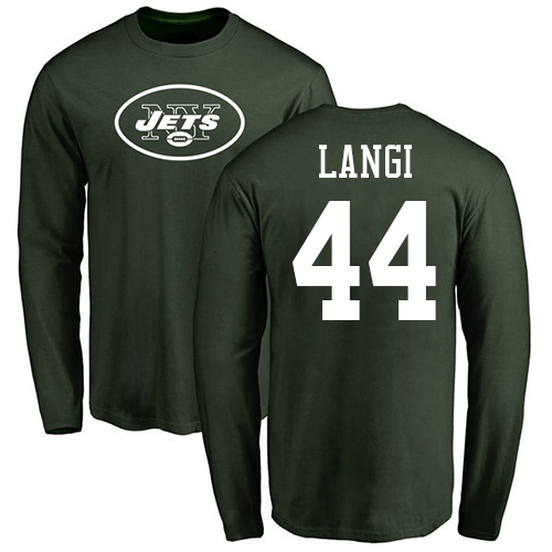 New York Jets Men Green Harvey Langi Name and Number Logo NFL Football #44 Long Sleeve T Shirt